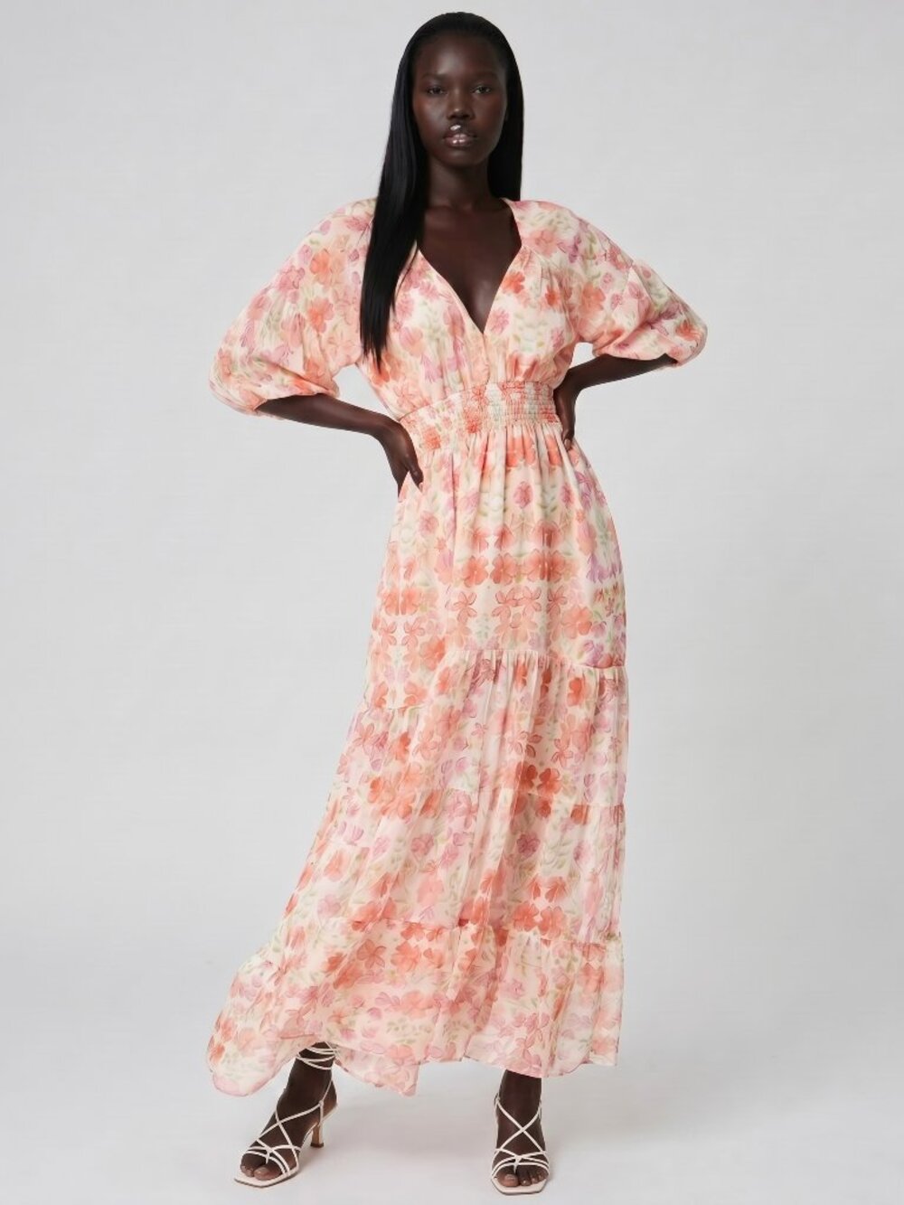 MISA Watercolor Floral Maxi Dress Smocked Waist Tie Back Boho size S
